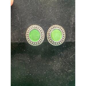Vintage Silver-Tone Clip-On Earrings With Green Stone Accents